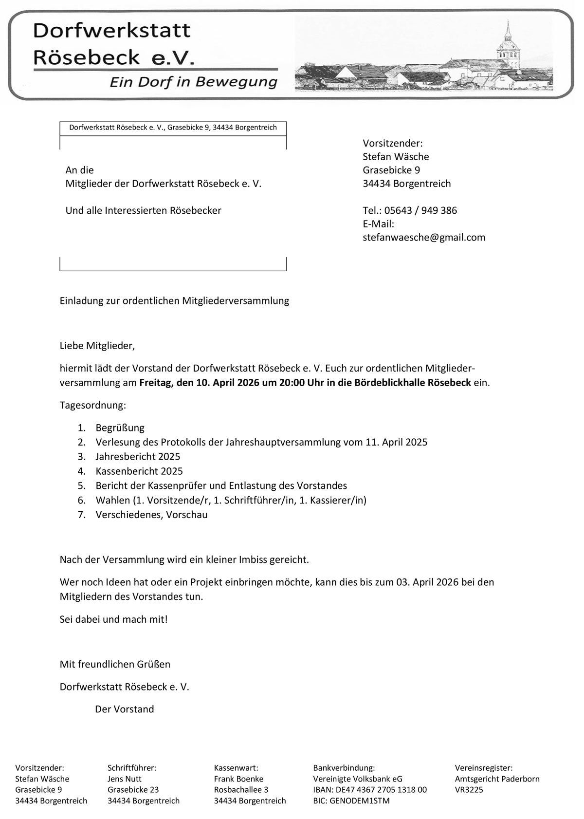 Mitgliederversammlung Dorfwerkstatt Rösebeck 2026